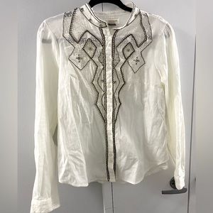 Anthropologie white buttondown beaded linen shirt